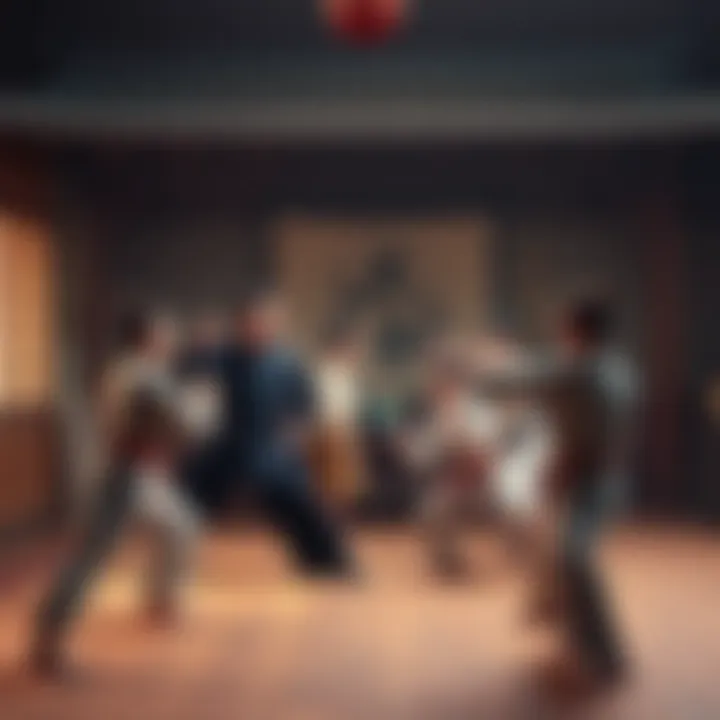 A group of students practicing martial arts techniques with a teacher in a traditional setting, reflecting early training methods before the 1950s.