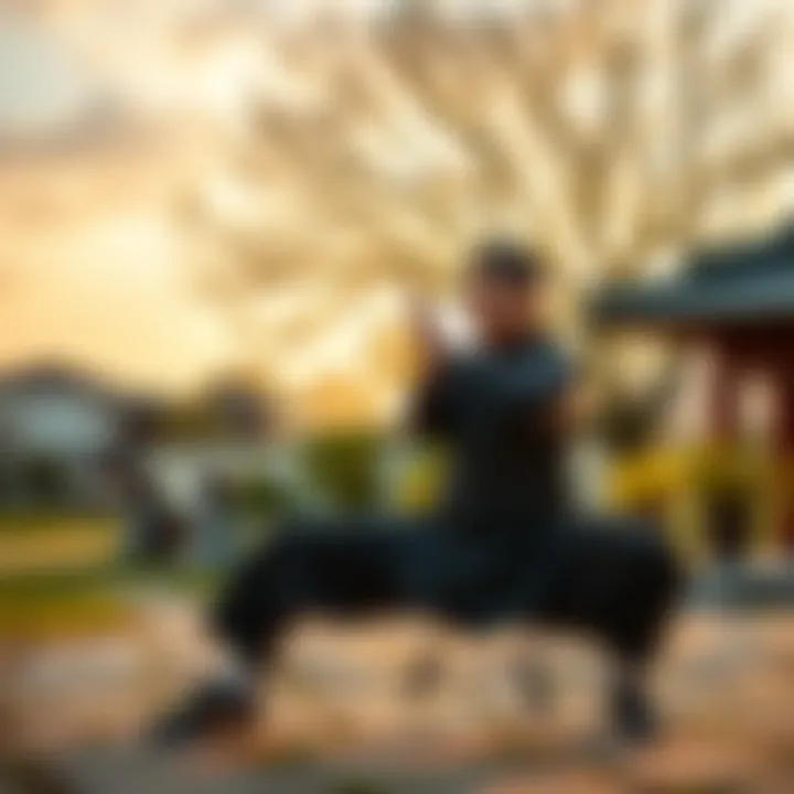 A martial artist practicing Qigong poses in a serene outdoor setting, focusing on breathing and energy flow.