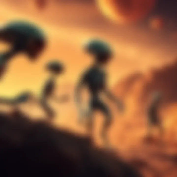 An artistic representation of Martians interacting with early humans, highlighting the theory of alien influence on human evolution.