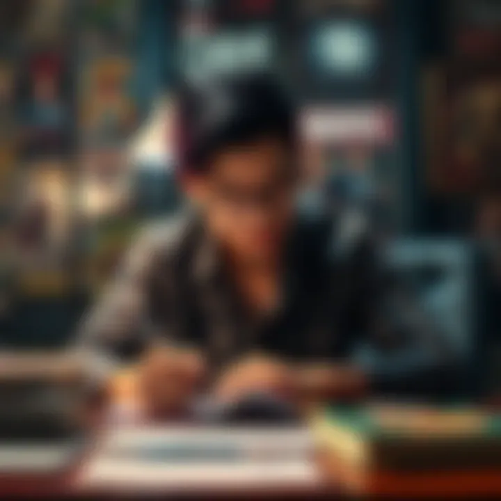 A person writing scripts with Marvel comic books and movie posters around them