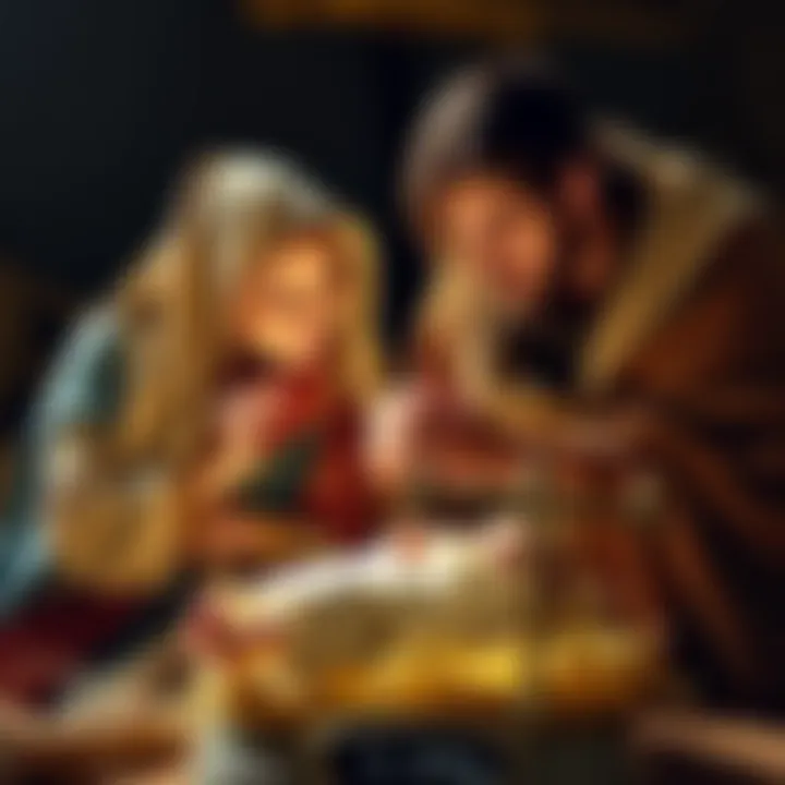 Mary and Joseph with Baby Jesus Mary and Joseph looking at Baby Jesus in a manger, with a scale beside them showing 3.34kg, depicting their knowledge of His birth weight.