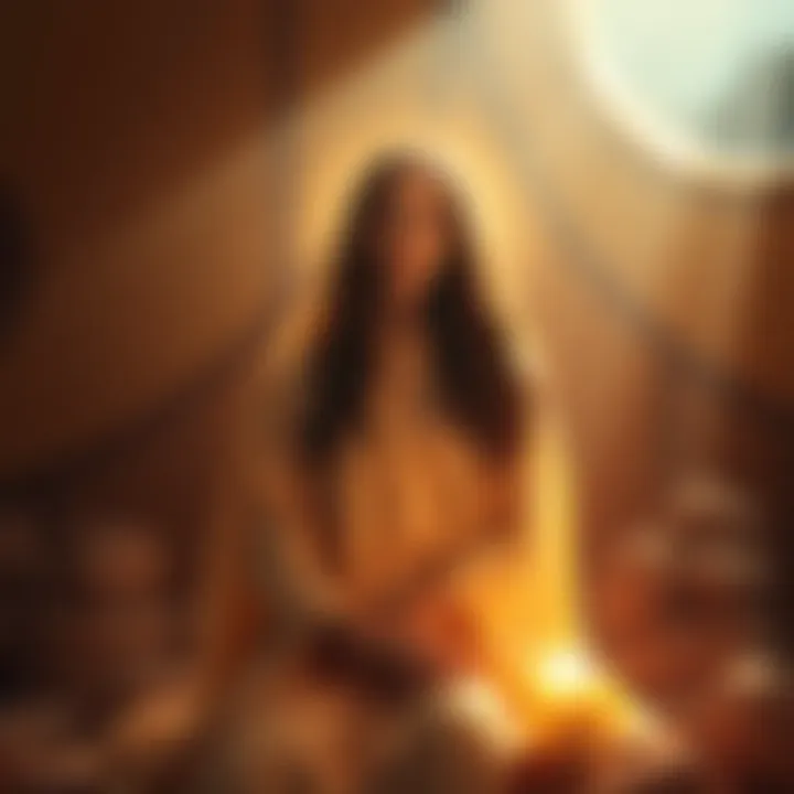Illustration of Mary Magdalene in a serene setting, radiating light and warmth, symbolizing her spiritual connection and influence.