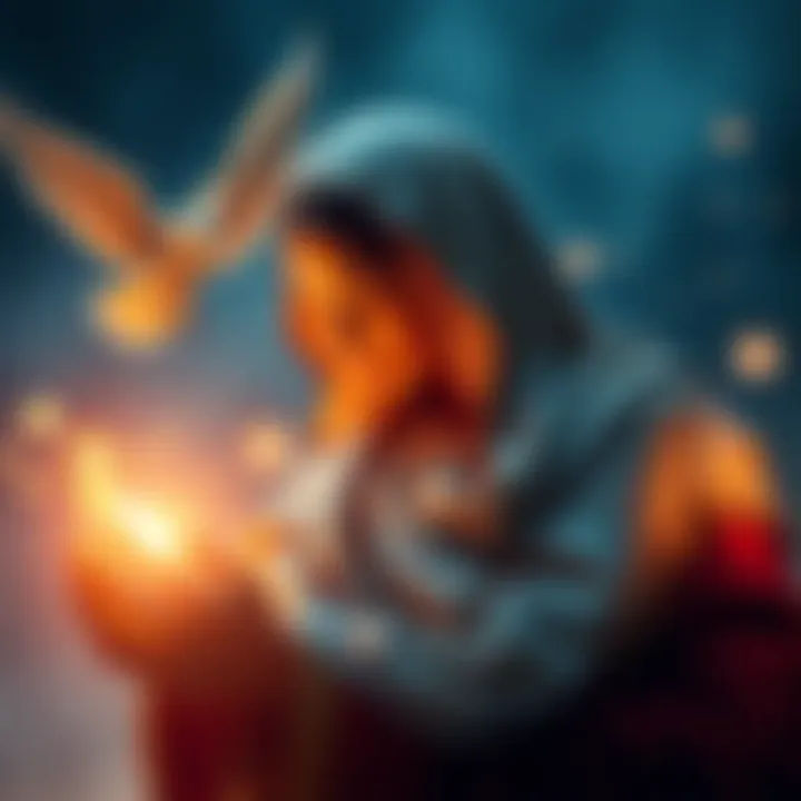 Artistic representation of the Virgin Mary and symbolic elements depicting conception