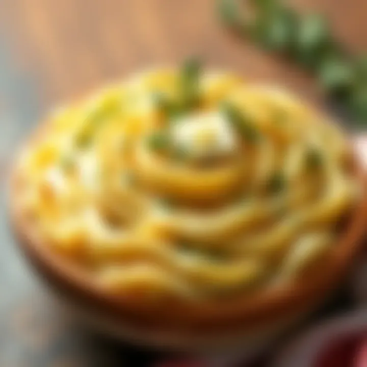 A creamy bowl of mashed pipe potatoes garnished with herbs and butter, ready to serve.