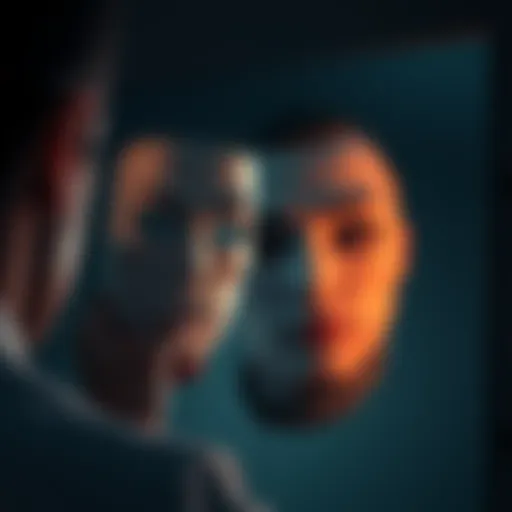 A person holding a mask in front of their face, looking into a mirror that reflects a distorted image, symbolizing deceit and truth.