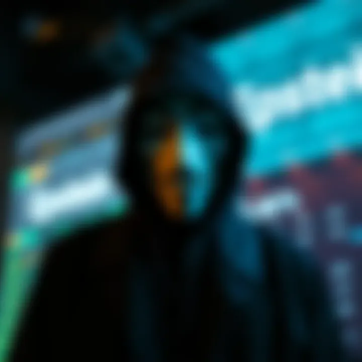 A shadowy figure wearing a Guy Fawkes mask, symbolizing the hacking group Anonymous, stands in front of a digital screen showing the words 'Epstein Files'.