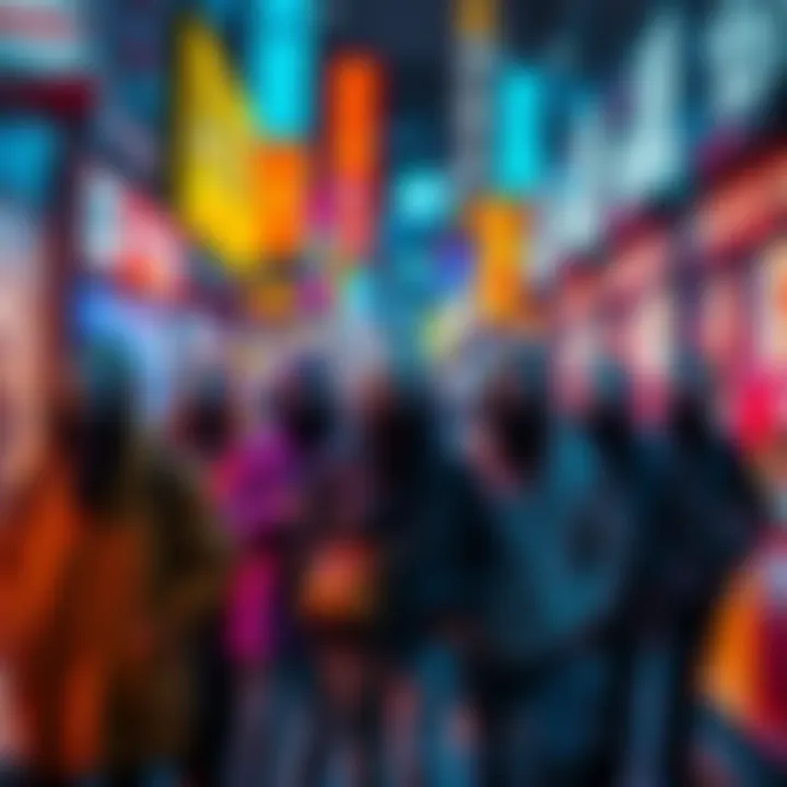 A group of people wearing masks to symbolize identity and branding, standing in front of vibrant advertisements.