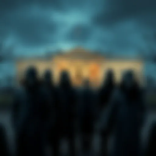 Creepy masked figures gather near the White House gates, creating a tense atmosphere related to a disturbing dream about Donald Trump.