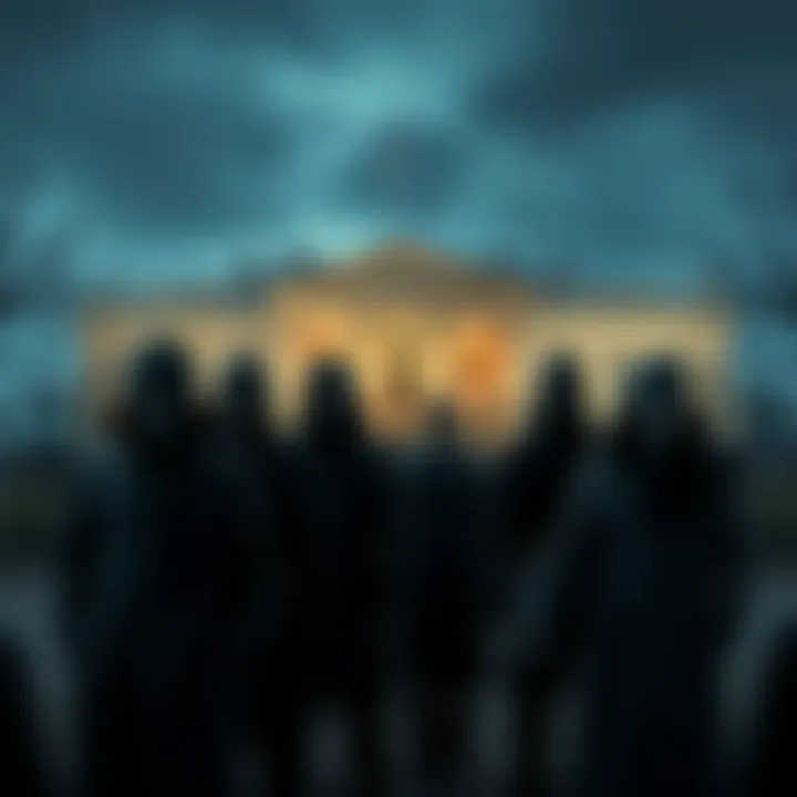 Creepy masked figures gather near the White House gates, creating a tense atmosphere related to a disturbing dream about Donald Trump.