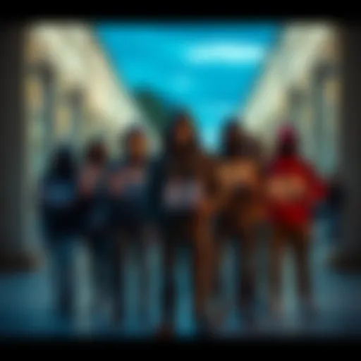 A group of masked individuals standing together while holding strange QR codes on a college campus.