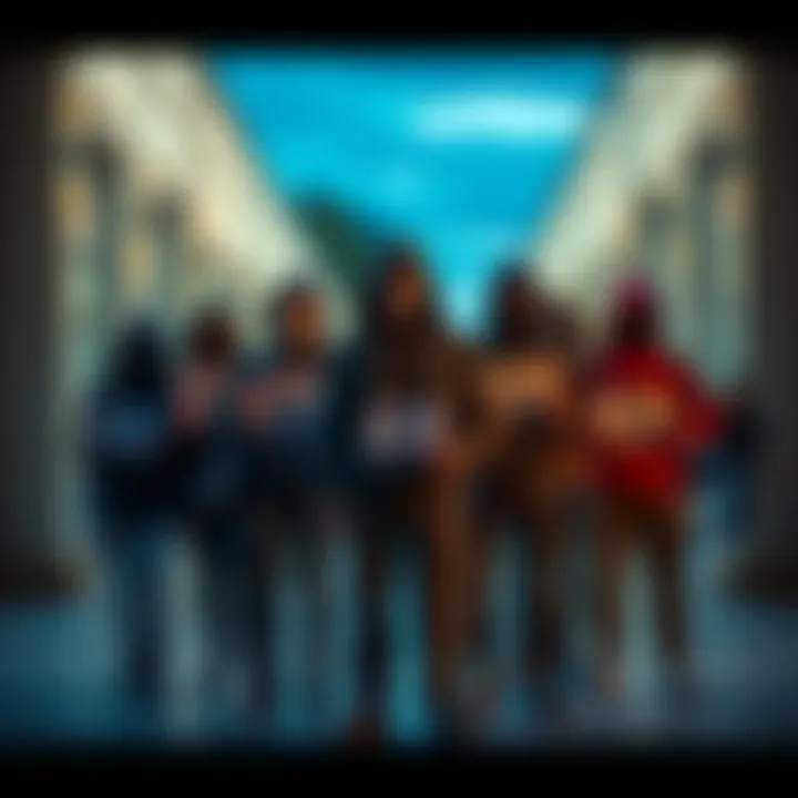A group of masked individuals standing together while holding strange QR codes on a college campus.