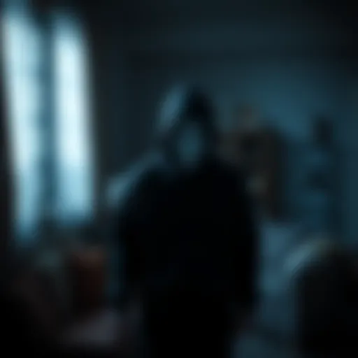 A shadowy figure wearing a mask stands inside a dimly lit living room, creating a sense of fear and tension.