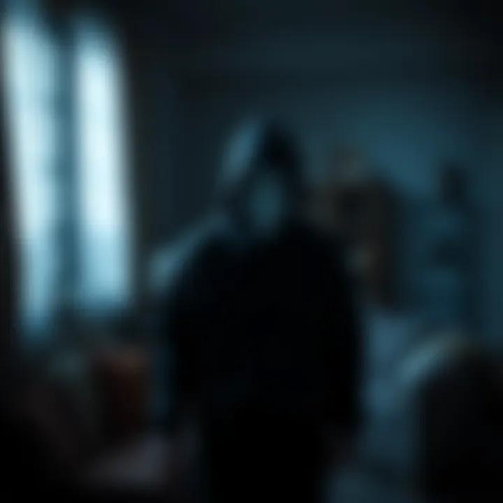 A shadowy figure wearing a mask stands inside a dimly lit living room, creating a sense of fear and tension.