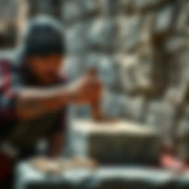 A mason chiseling a stone block, showcasing craftsmanship and dedication to the craft.