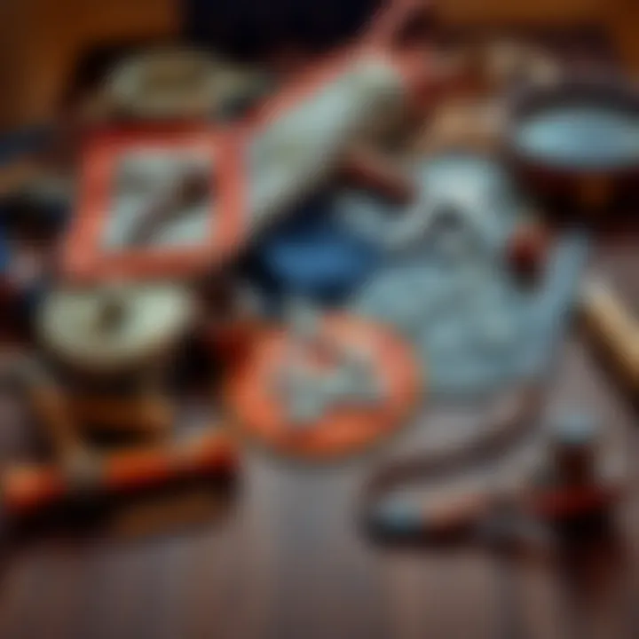 A collection of vintage mason accessories including aprons and tools laid out on a wooden table, showcasing their intricate designs and craftsmanship.