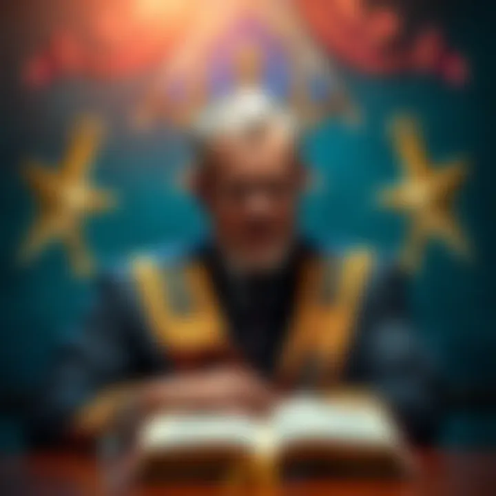 A Master Mason reflecting on the intersection of Masonic oaths and Christian beliefs, surrounded by Masonic symbols and a Bible.