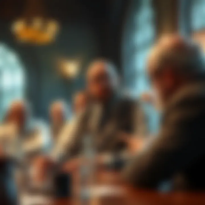 A Master Mason in formal attire engaged in discussion with other members at a lodge meeting, highlighting the dynamics of unrecognized Grand Lodges.