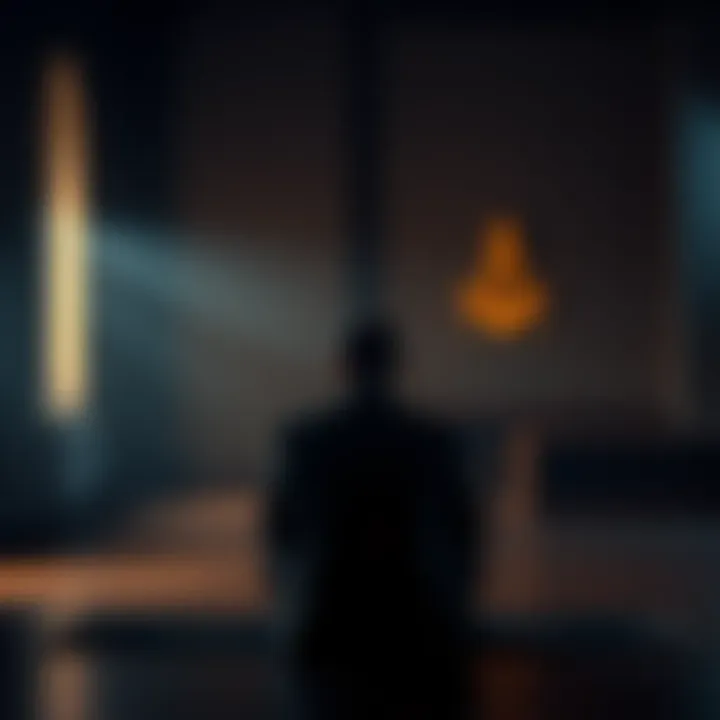 A Mason sits alone in a dimly lit room, deep in thought, with Masonry symbols in the background, symbolizing contemplation of beliefs and values.