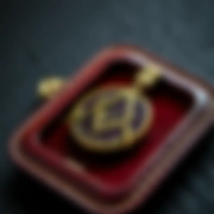 A close-up of a 1945 Masonic badge in a leather case, showing details of the badge and the name inscribed.