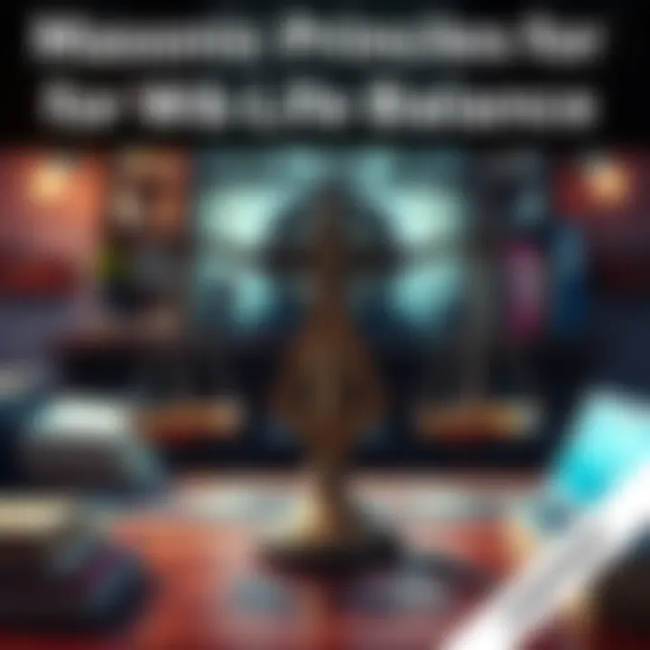 A serene workspace with a balance scale and a Masonic symbol, illustrating the concept of work-life harmony.