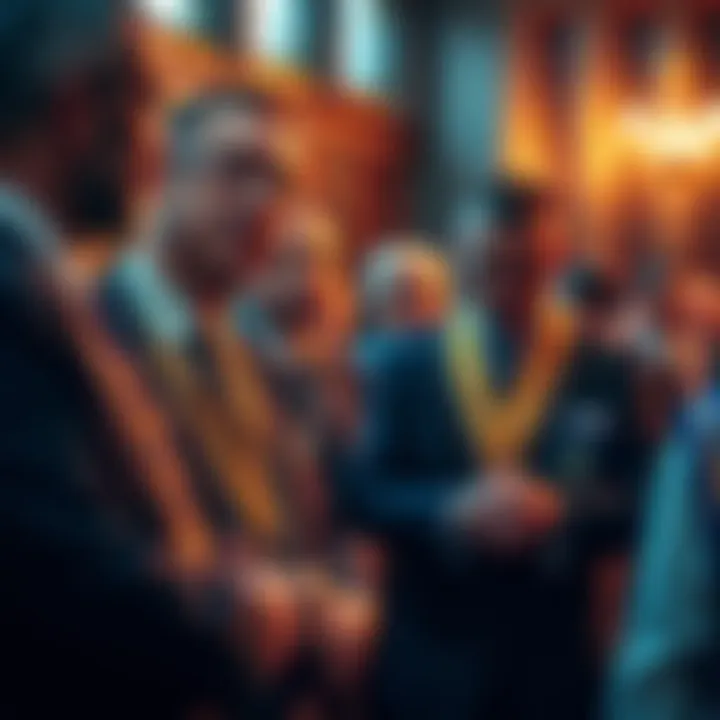 A group of men in formal attire participating in a Masonic initiation ceremony, showing camaraderie and support.