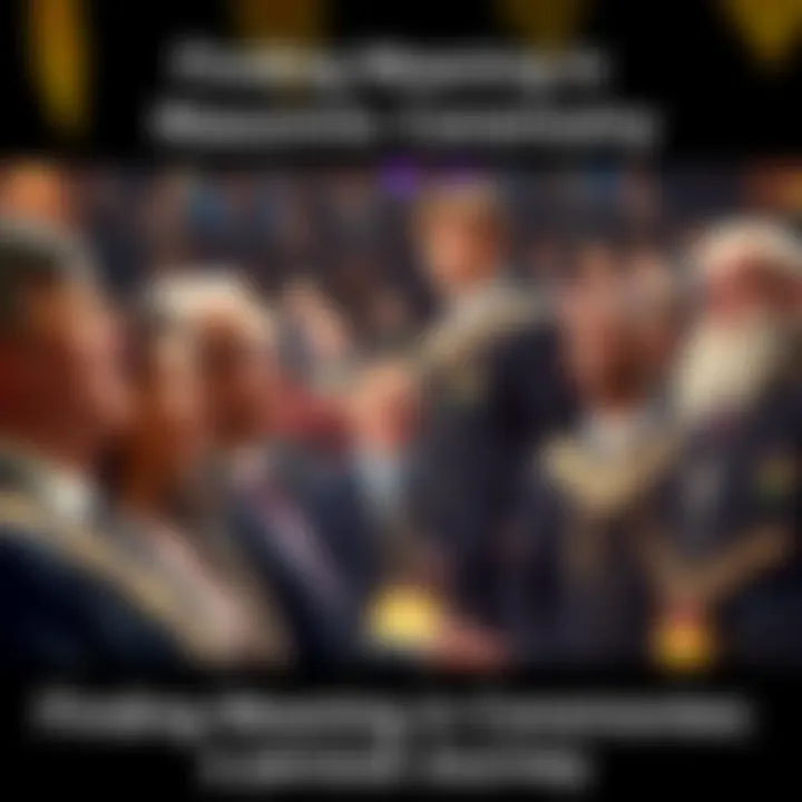 A group of Masonic members in formal attire engaged in a ceremony, showing a mix of emotions and expressions of curiosity and contemplation.