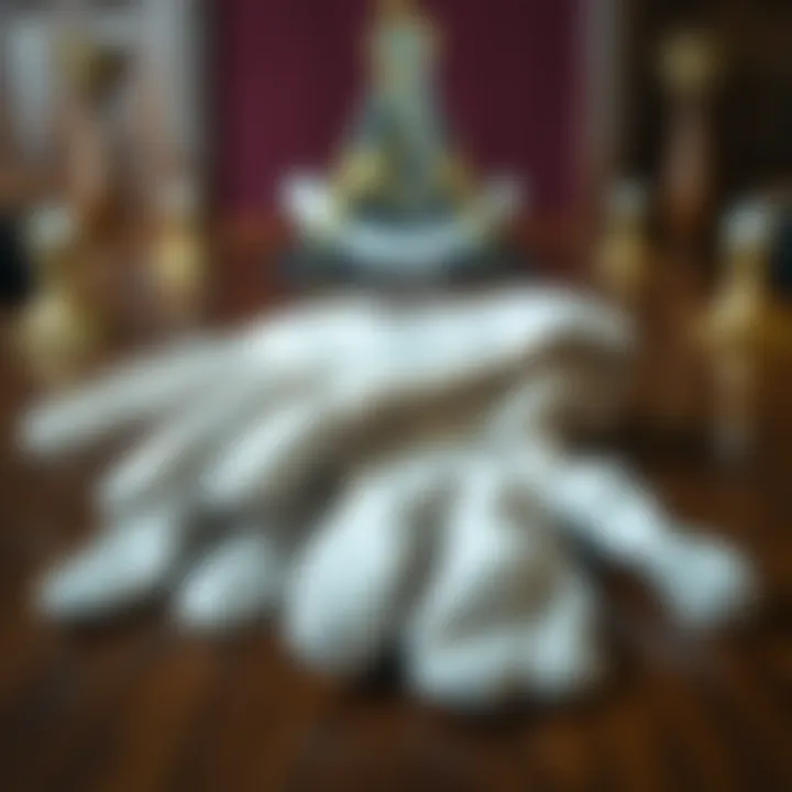 A close-up of white gloves used in Masonic meetings, resting on a wooden table with a Masonic symbol in the background.