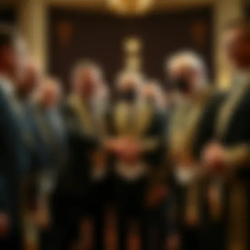 A group of men in Masonic regalia celebrating a new member's initiation with smiles and handshakes.