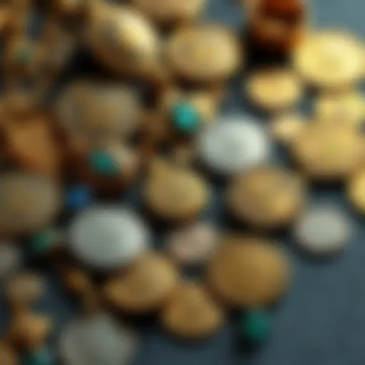 A display of various Masonic jewels and coins arranged on a surface, showcasing their intricate designs and historical significance.