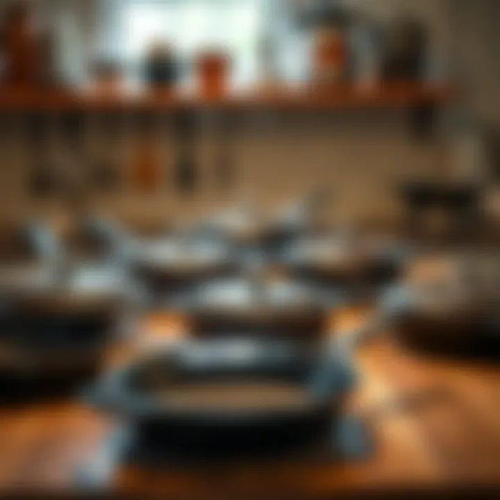 Various Masonic Lodge cast iron skillets displayed on a kitchen counter, showcasing quality and design.