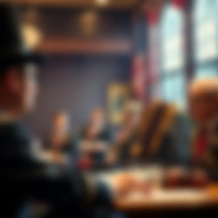 Masonic Lodge Meeting A young man in formal Masonic attire discussing responsibilities with older members during a lodge meeting.