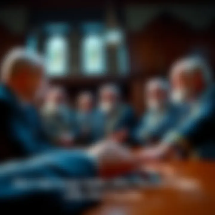 A group of Masons in formal attire discussing protocols in a lodge setting