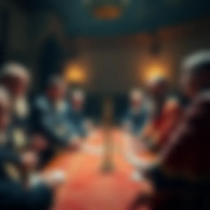 A gathering of Royal Arch Masons discussing ritual changes in a traditional setting.