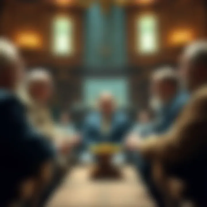 A group of Masonic members seated in a circle, talking with serious expressions, focusing on unity and communication within their lodge.