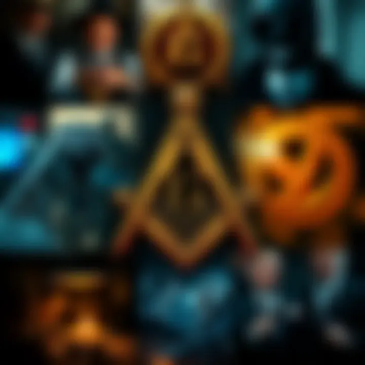 A collage showcasing film scenes featuring masonic symbols and teachings