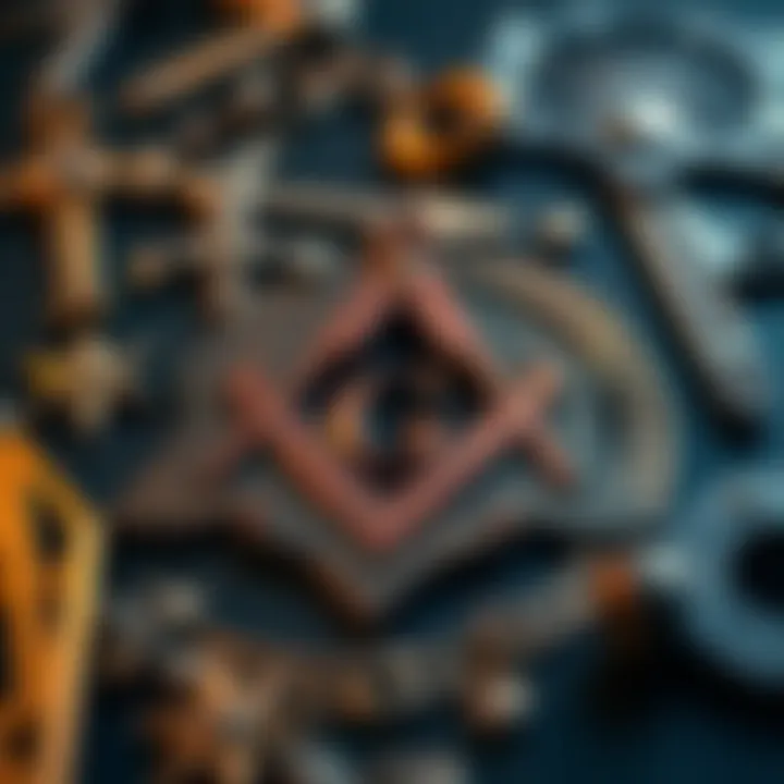 A close-up of Masonic symbols like the square and compasses, reflecting teachings and principles of Masonic Gnosis.