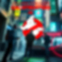 A scene from Ghostbusters highlighting Masonic symbols, showing characters interacting with hidden clues, set in a spooky urban environment.