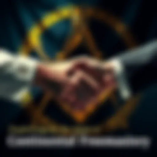 Two hands shaking in front of Masonic symbols representing unity and human rights in Freemasonry
