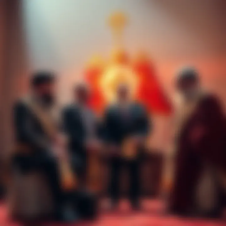 Masonry and Orthodoxy Discussion A group of men in formal attire discussing the relationship between Masonry and the Orthodox Church, with symbols of both organizations in the background.