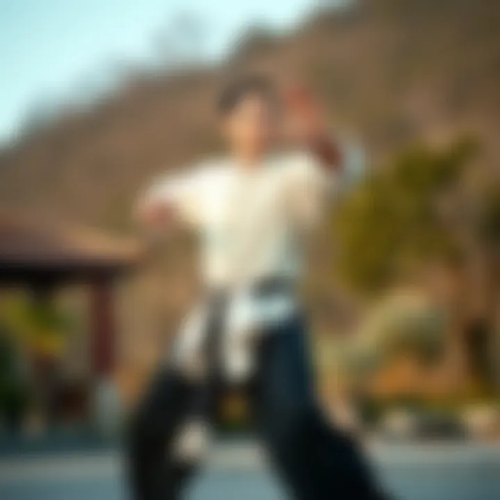 Master Mak Ying Po demonstrates the traditional Yang Tai Chi Ch'uan form in a serene outdoor setting.