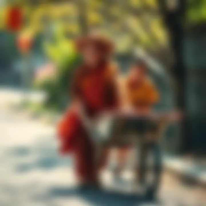 Master Matzu and Jinfeng by the Roadside Master Matzu laughs while Jinfeng struggles with a heavy wheelbarrow, showcasing their comical challenge on a sunny roadside.