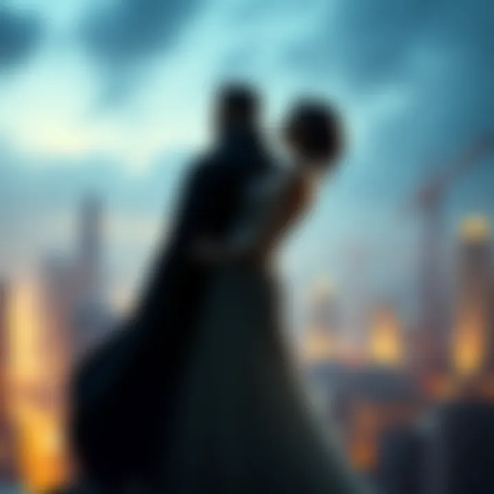 Master and Margarita Connection The Master and Margarita standing together, symbolizing their deep connection and love, with a background of glowing city lights representing their journey and emotions.