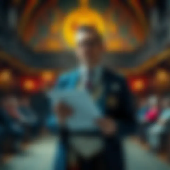 A newly raised Master Mason stands confidently with notes in hand, preparing for a speech in a Masonic lodge.