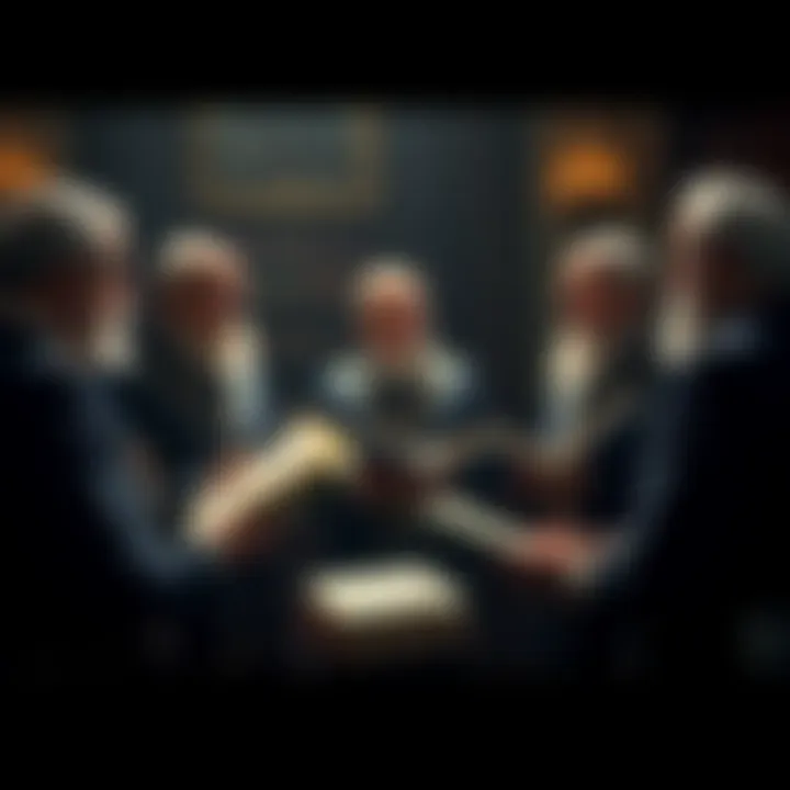 A group of Master Masons engaged in conversation about Leadbeater's writings on Freemasonry, with books in hand and symbols displayed.