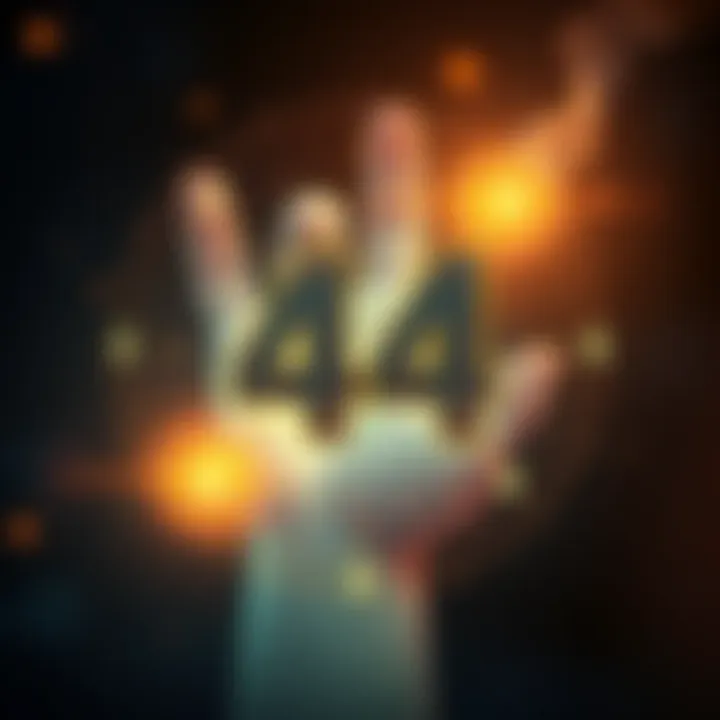 Illustration showing the significance of master number 44 in numerology with symbols representing numbers 2, 4, 6, and 8 around it.