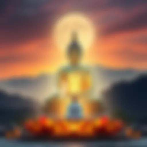 Master Tanluan sitting calmly with Amitabha Buddha in a serene landscape, symbolizing peace and mindfulness