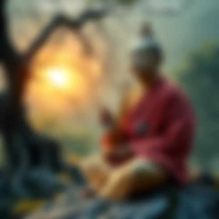 Master Tanluan sitting with a serene expression, surrounded by peaceful nature, symbolizing his connection to Amitabha Buddha and Pure Land Buddhism.