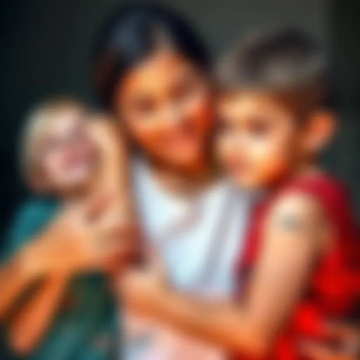 A mother points to matching skin markings on her arm and her two children, highlighting their similarities.