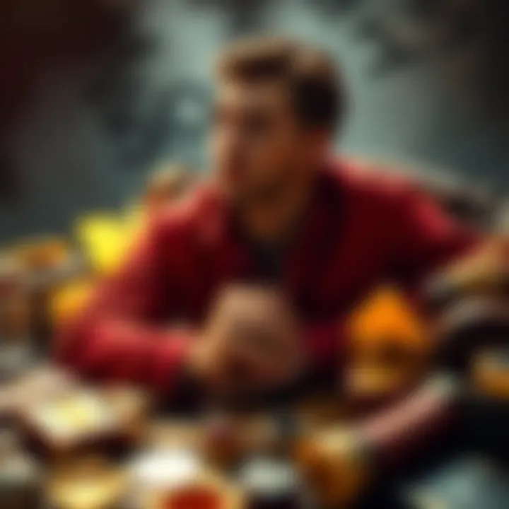 A Scorpio person surrounded by luxury items, contemplating wealth and identity, with a thoughtful expression.