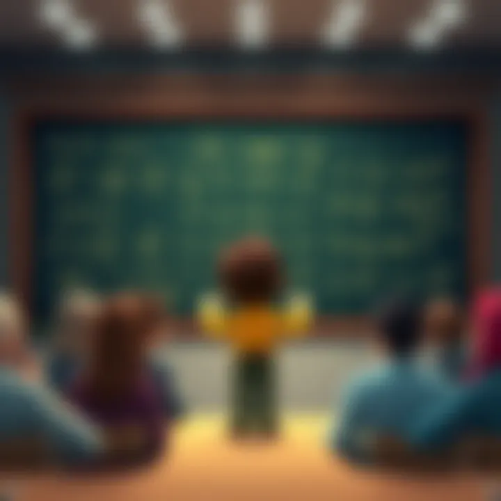 A cartoonish figure with math equations on a chalkboard, surrounded by people discussing future events